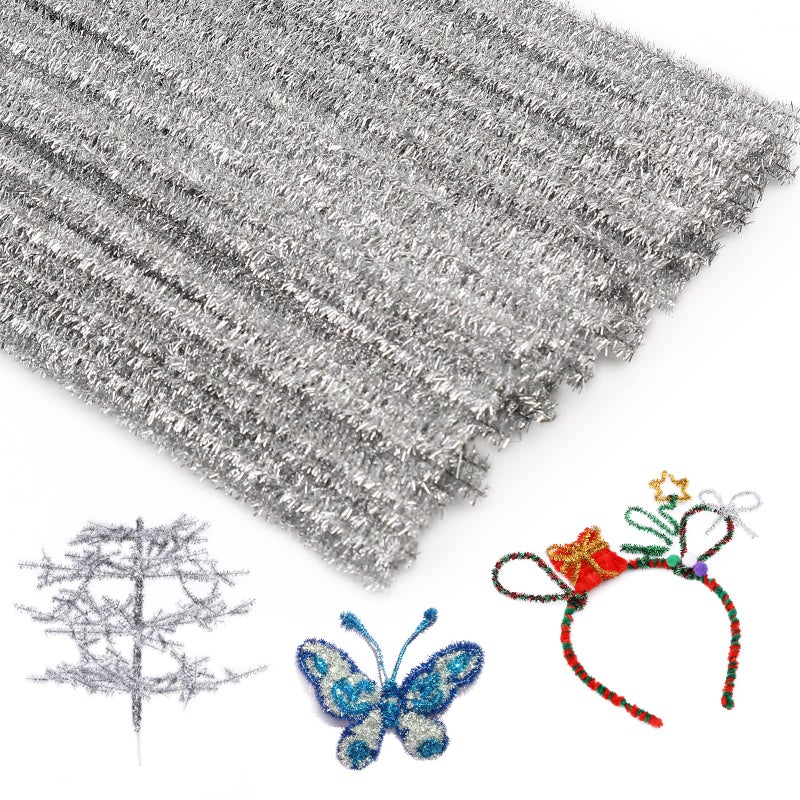 Iuuidu 100 Pcs Pipe Cleaners Chenille Stem  Glitter Silver Craft Pipe Cleaners DIY Craft Fuzzy Sticks Pipe Cleaners Bulk for Creative Handmade DIY Art Craft and Crafts Project Decoration Supplies - Image 1